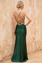 Katie Emerald Green Satin Beaded Mermaid Maxi Dress