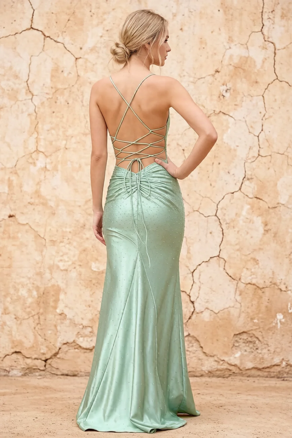 Katie Mist Satin Beaded Mermaid Maxi Dress