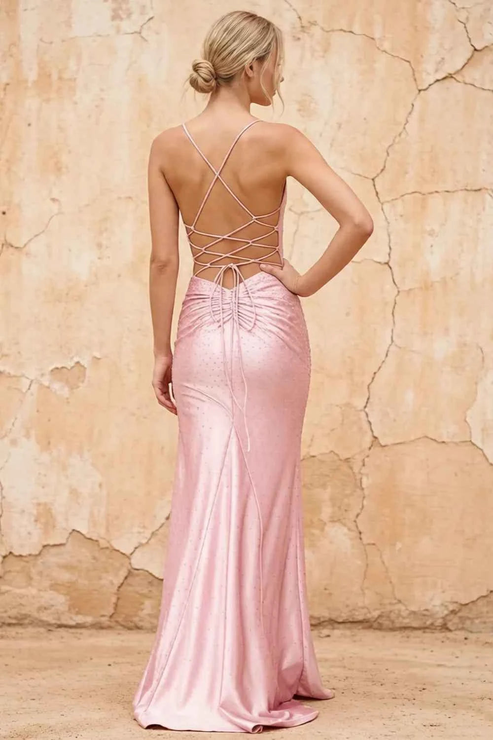 Katie Pink Satin Beaded Mermaid Maxi Dress