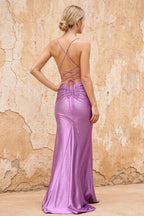Katie Purple Satin Beaded Mermaid Maxi Dress