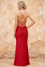 Katie Red Satin Beaded Mermaid Maxi Dress