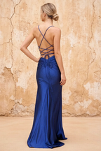 Katie Royal Blue Satin Beaded Mermaid Maxi Dress