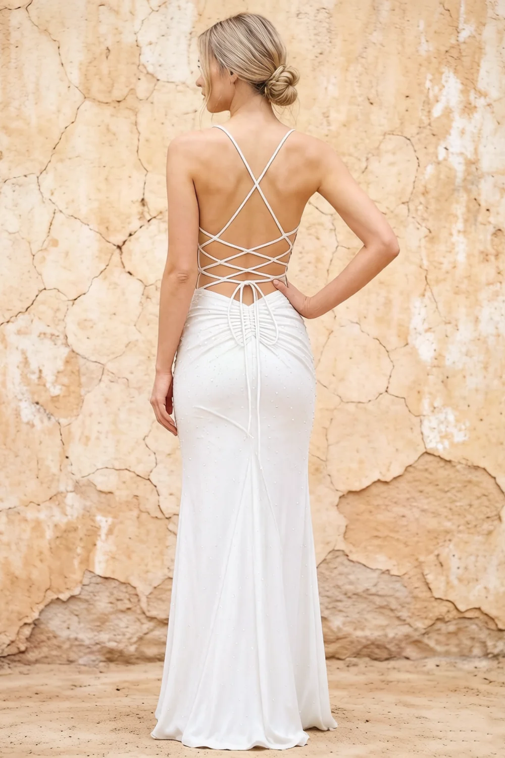 Katie White Satin Beaded Mermaid Maxi Dress