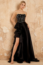 Kayla Black Organza Strapless Beading Ruffled Maxi Dress