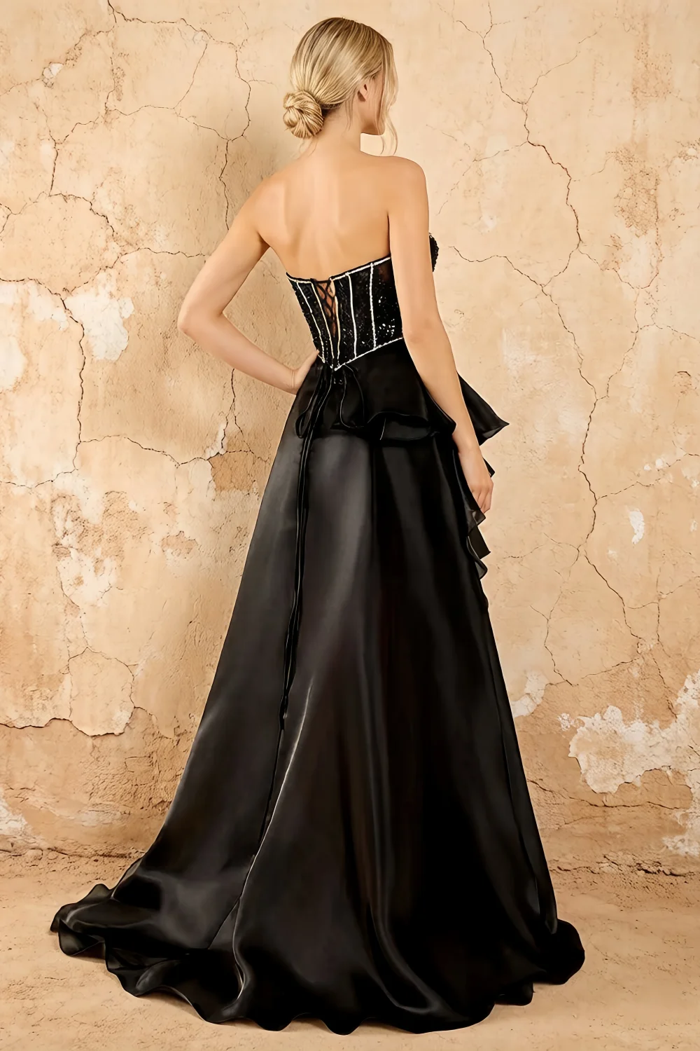Kayla Black Organza Strapless Beading Ruffled Maxi Dress