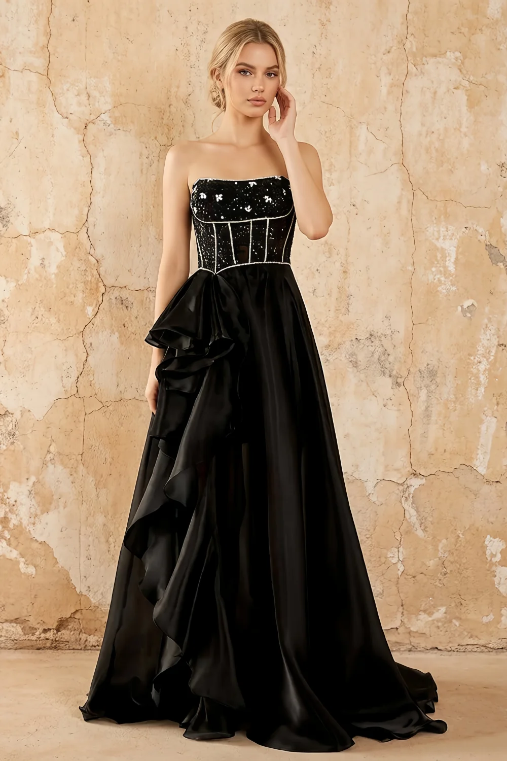 Kayla Black Organza Strapless Beading Ruffled Maxi Dress