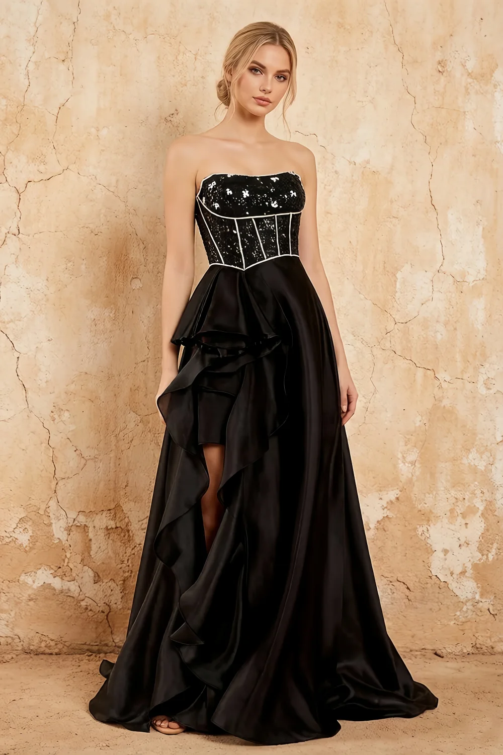Kayla Black Organza Strapless Beading Ruffled Maxi Dress