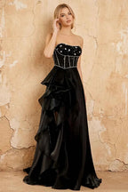 Kayla Black Organza Strapless Beading Ruffled Maxi Dress
