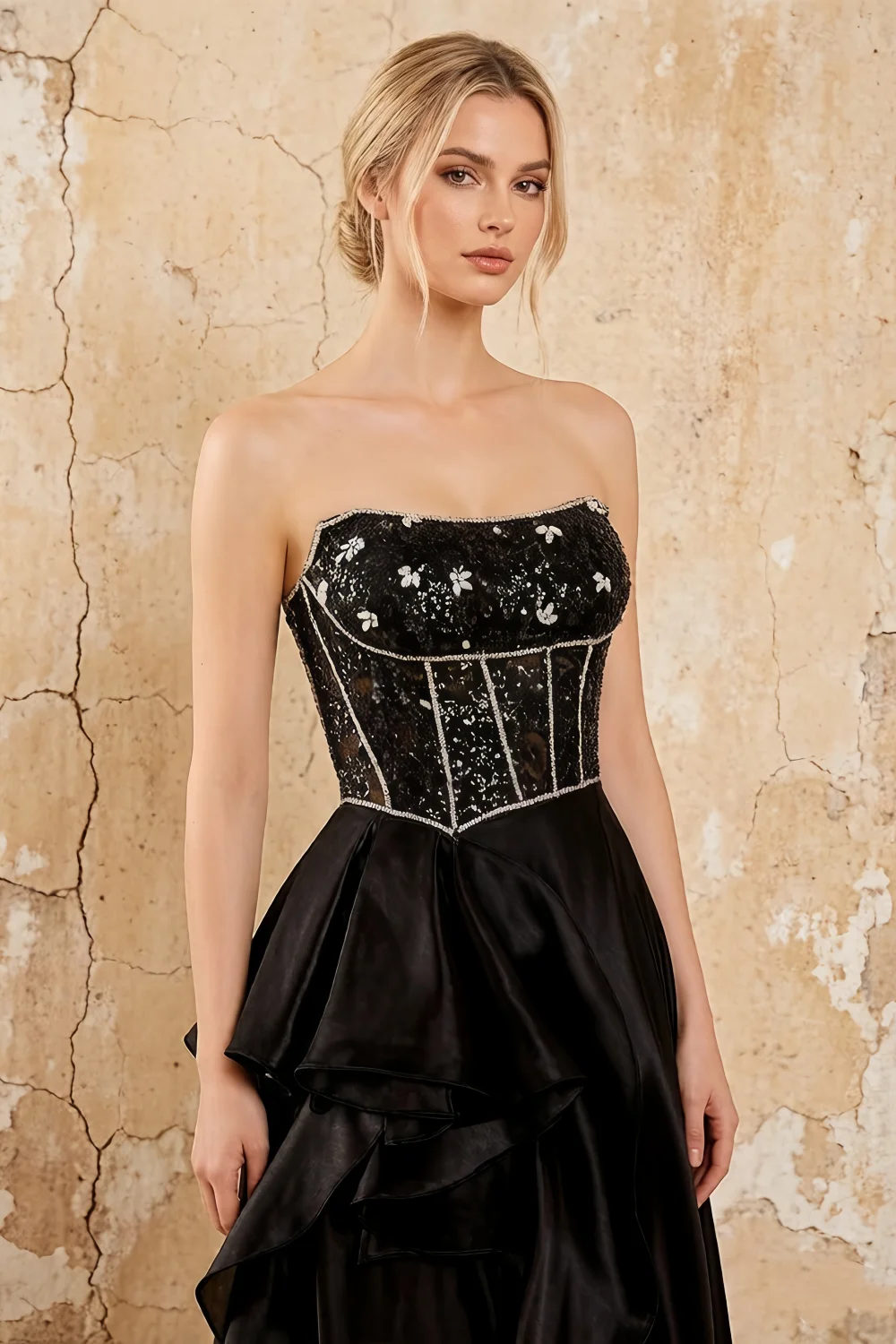 Kayla Black Organza Strapless Beading Ruffled Maxi Dress