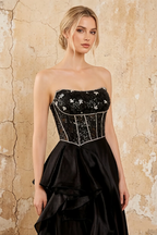 Kayla Black Organza Strapless Beading Ruffled Maxi Dress