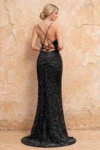 Kelly Black Sequin Slit Lace-Up Maxi Dress