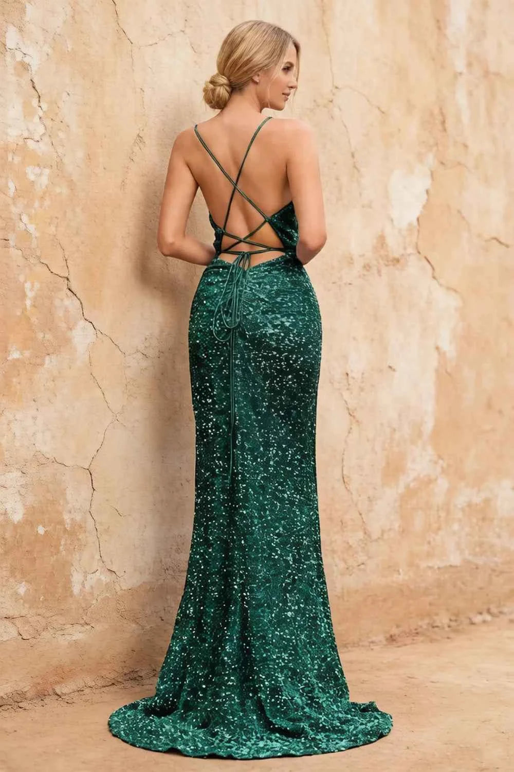 Kelly Green Sequin Slit Lace-Up Maxi Dress