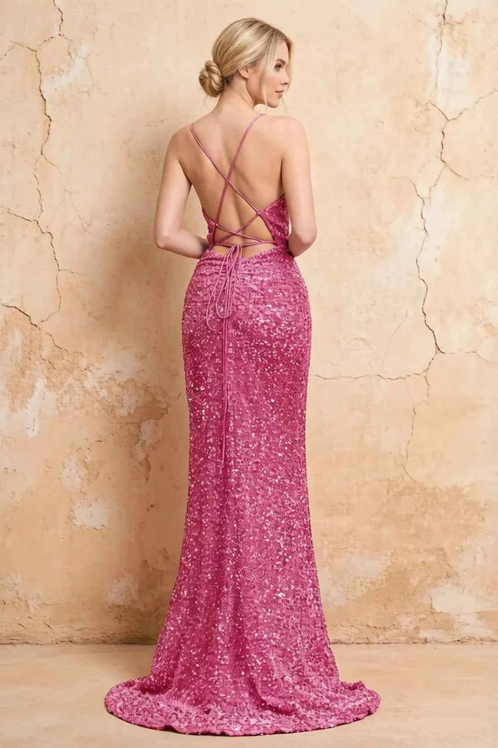 Kelly Hot Pink Sequin Slit Lace-Up Maxi Dress Secondary image