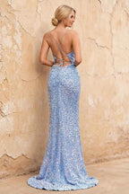 Kelly Light Blue Sequin Slit Lace-Up Maxi Dress