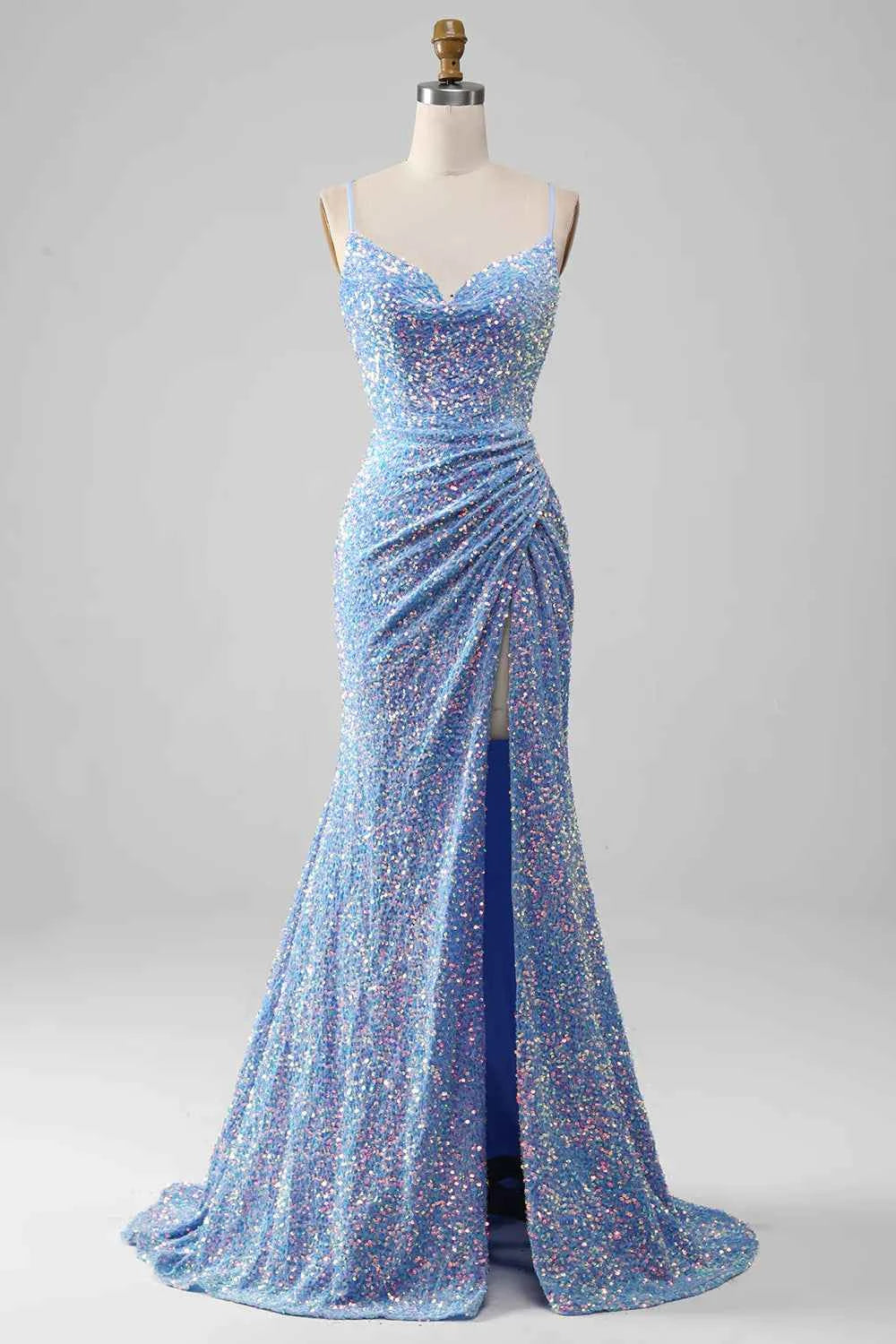Kelly Light Blue Sequin Slit Lace-Up Maxi Dress