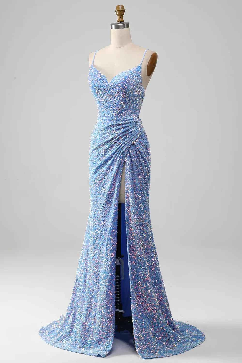 Kelly Light Blue Sequin Slit Lace-Up Maxi Dress