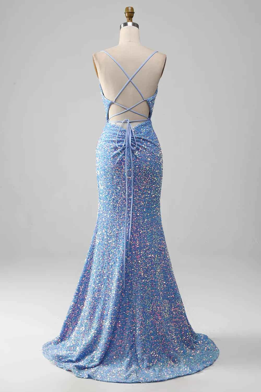 Kelly Light Blue Sequin Slit Lace-Up Maxi Dress