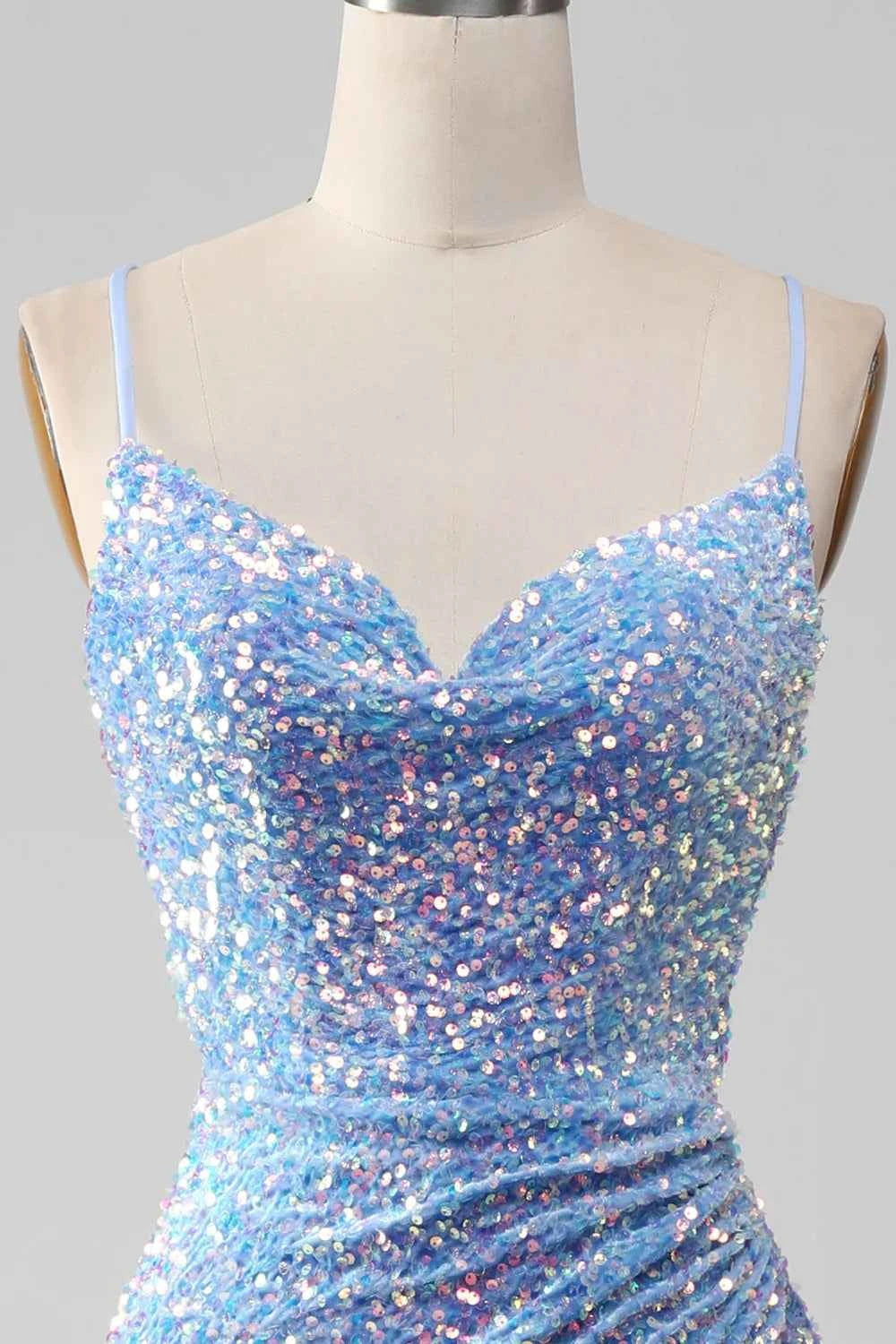 Kelly Light Blue Sequin Slit Lace-Up Maxi Dress