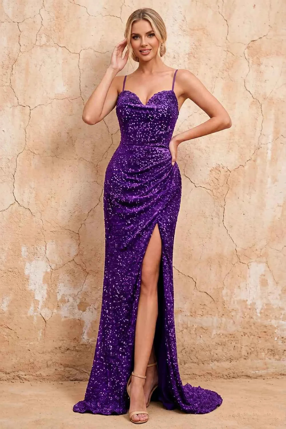 Kelly Purple Sequin Slit Lace-Up Maxi Dress Main image