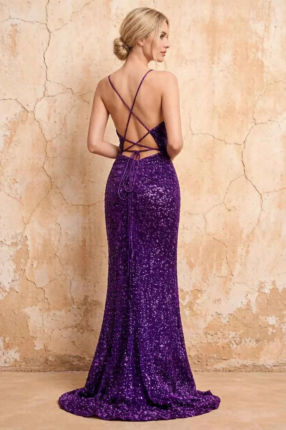 Kelly Purple Sequin Slit Lace-Up Maxi Dress