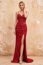 Kelly Red Sequin Slit Lace-Up Maxi Dress