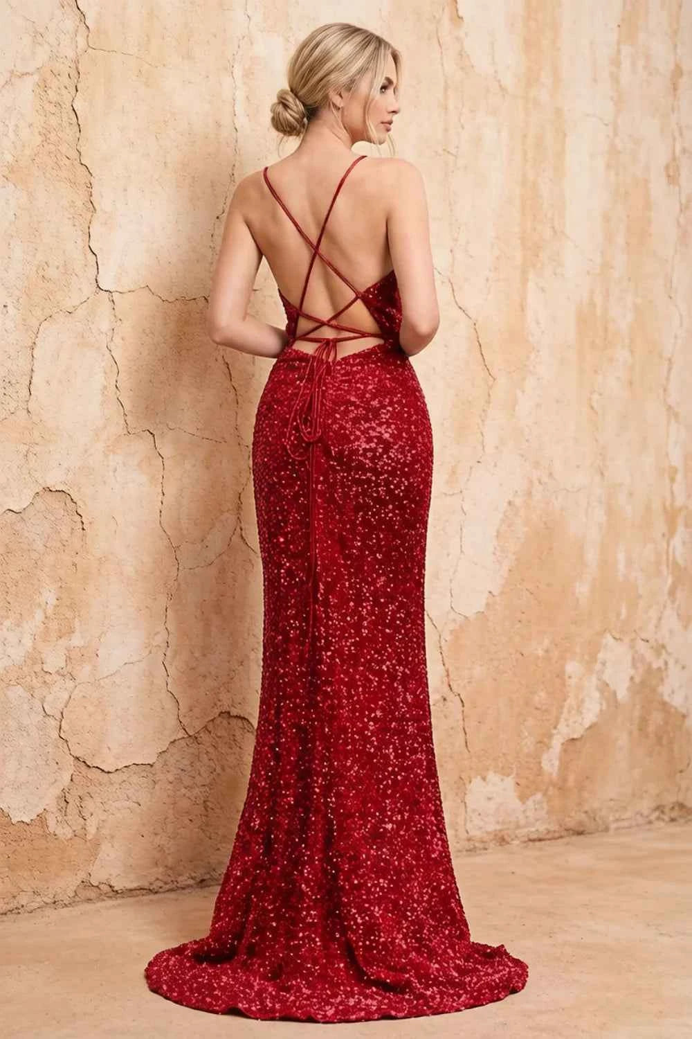 Kelly Red Sequin Slit Lace-Up Maxi Dress Secondary image