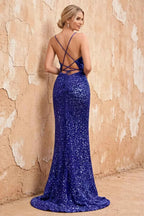 Kelly Royal Blue Sequin Slit Lace-Up Maxi Dress