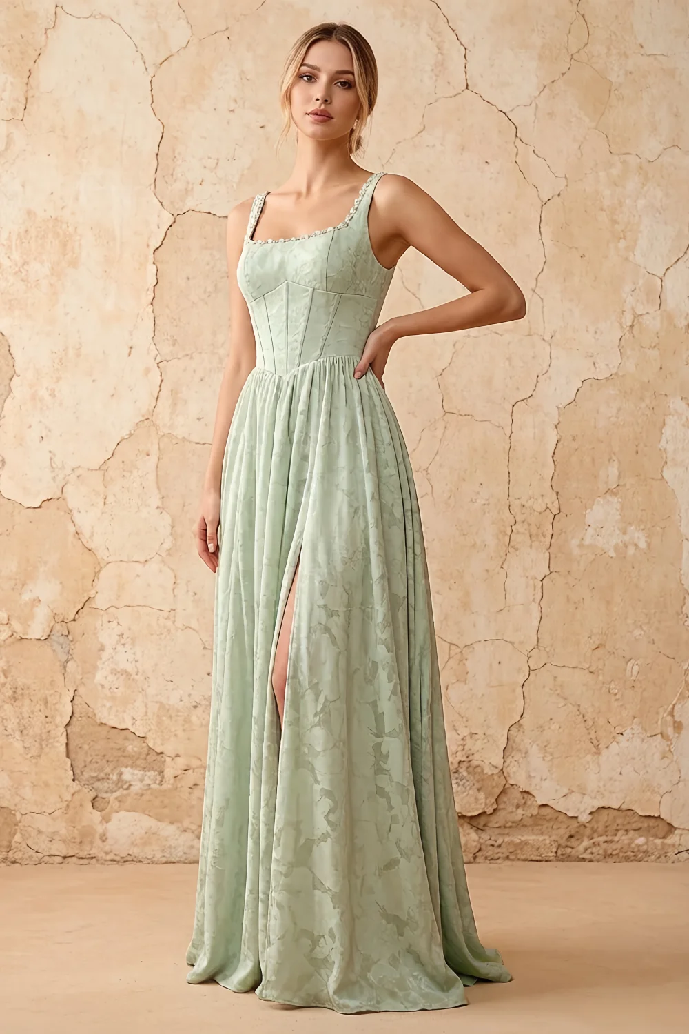 Kimberly Agave Jacquard Pearl Square Neck Maxi Dress