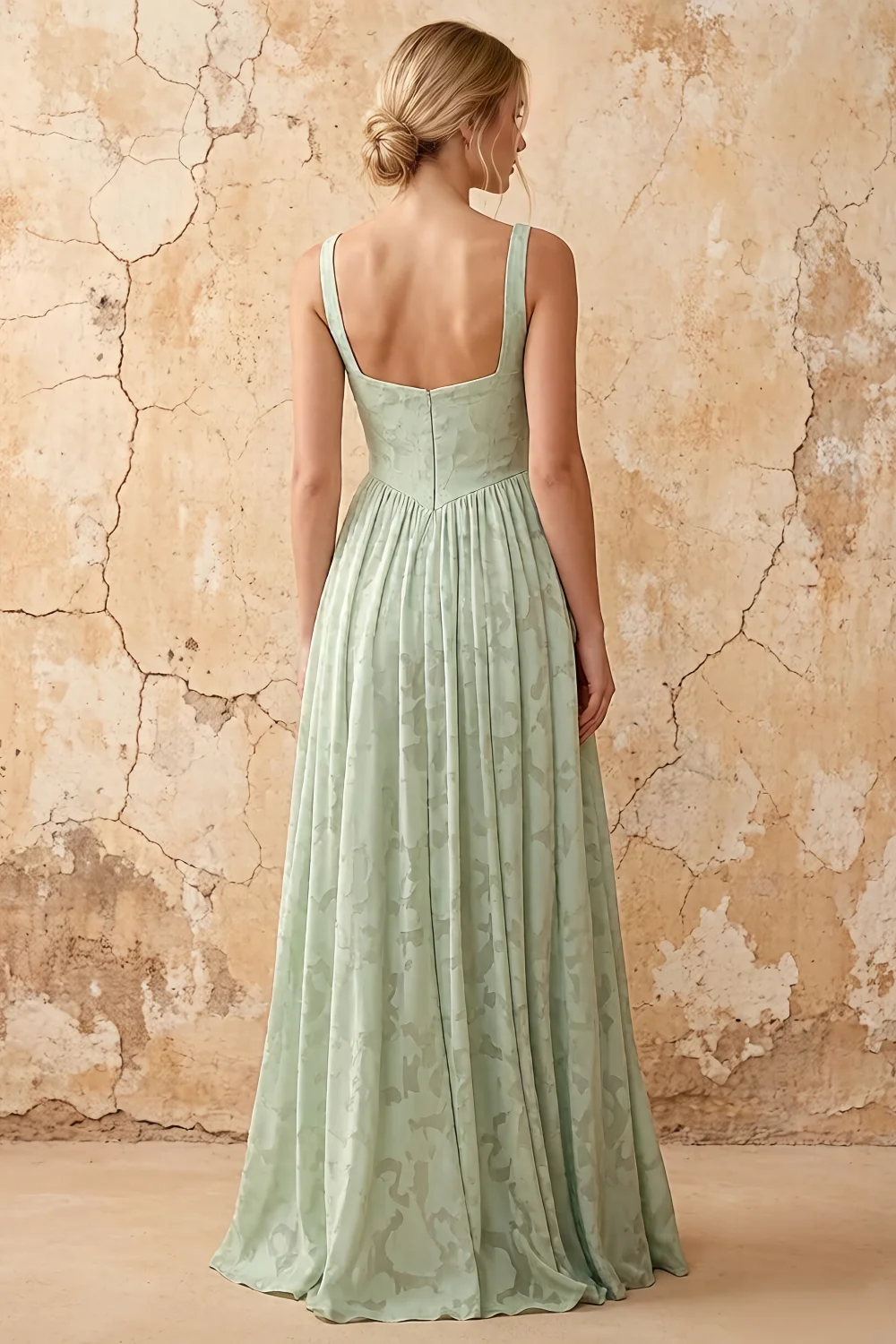 Kimberly Agave Jacquard Pearl Square Neck Maxi Dress