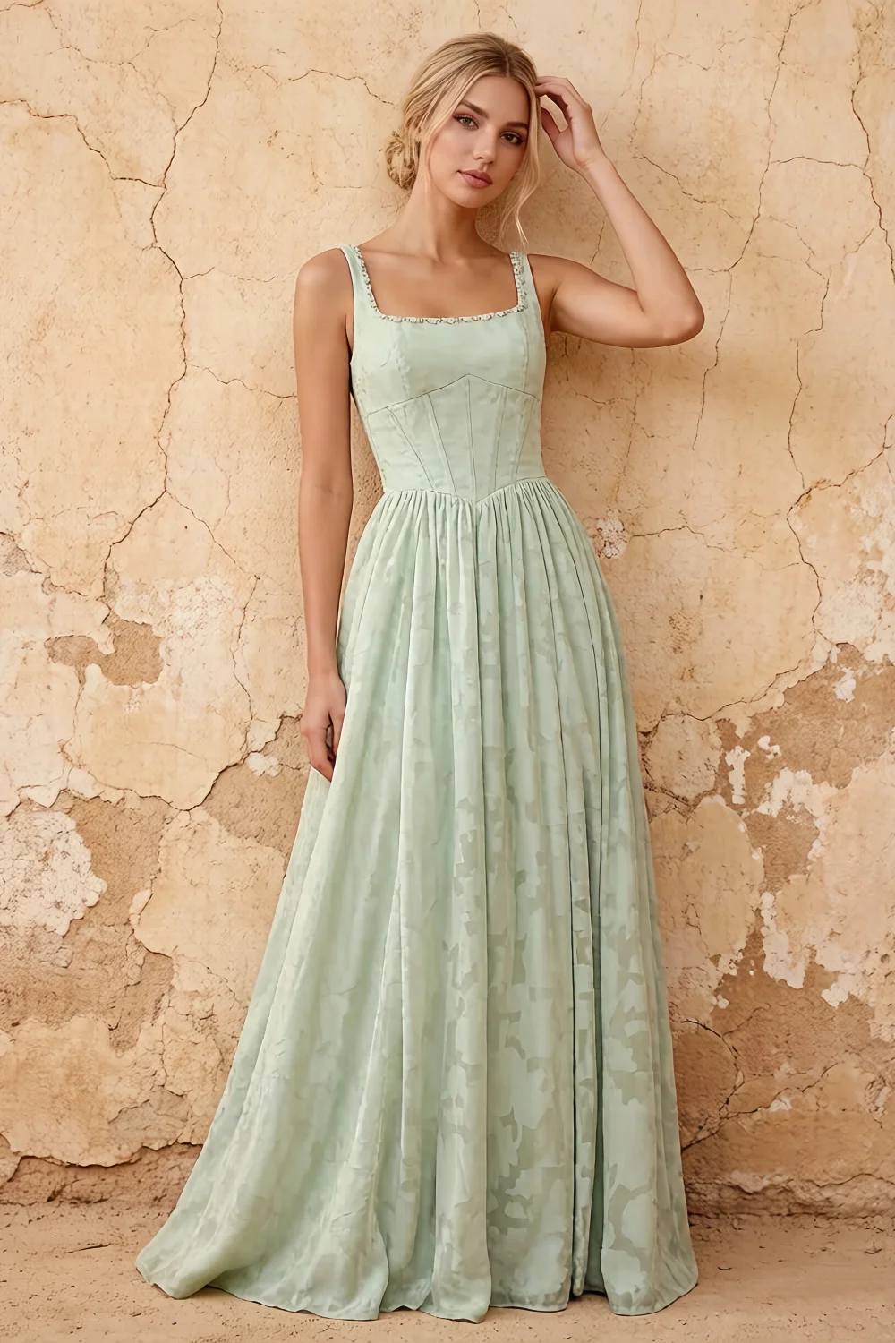 Kimberly Agave Jacquard Pearl Square Neck Maxi Dress