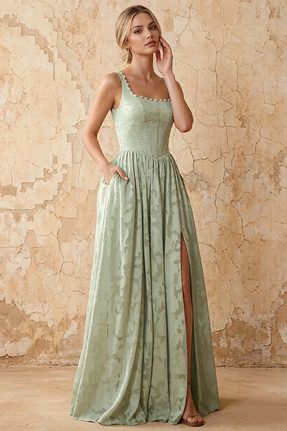 Kimberly Agave Jacquard Pearl Square Neck Maxi Dress