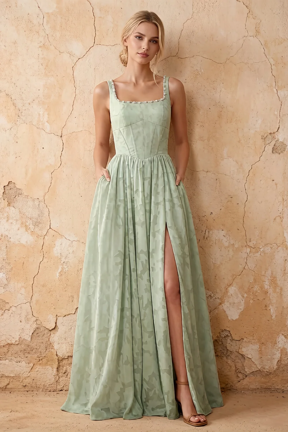 Kimberly Agave Jacquard Pearl Square Neck Maxi Dress