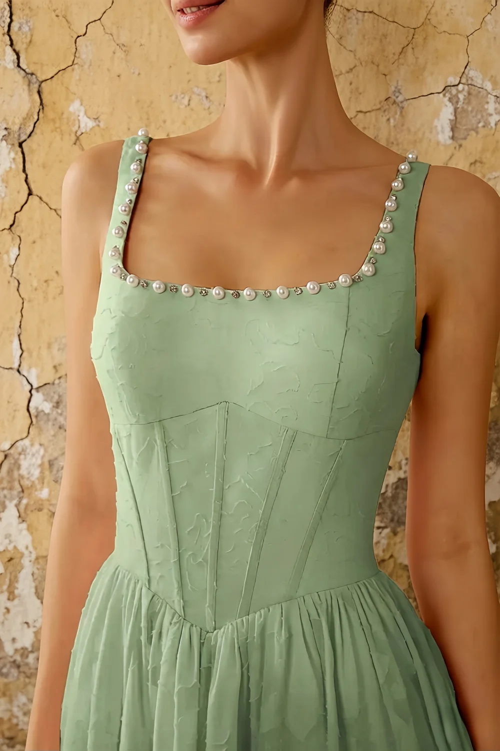 Kimberly Agave Jacquard Pearl Square Neck Maxi Dress