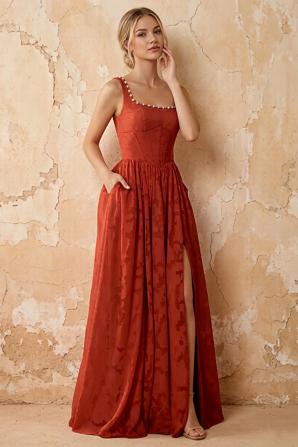 Kimberly Auburn Jacquard Pearl Square Neck Maxi Dress