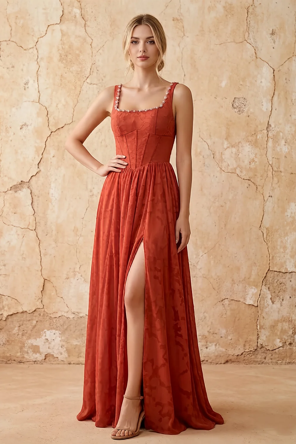 Kimberly Auburn Jacquard Pearl Square Neck Maxi Dress