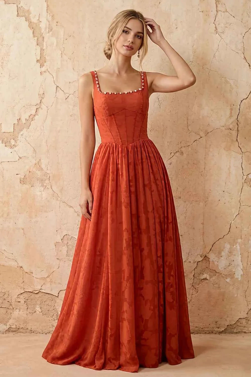 Kimberly Auburn Jacquard Pearl Square Neck Maxi Dress