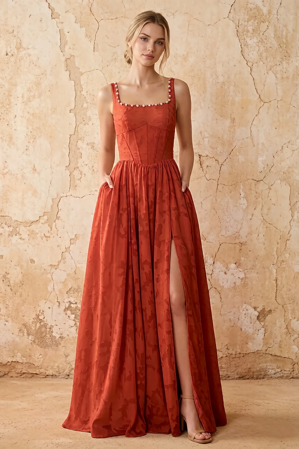 Kimberly Auburn Jacquard Pearl Square Neck Maxi Dress