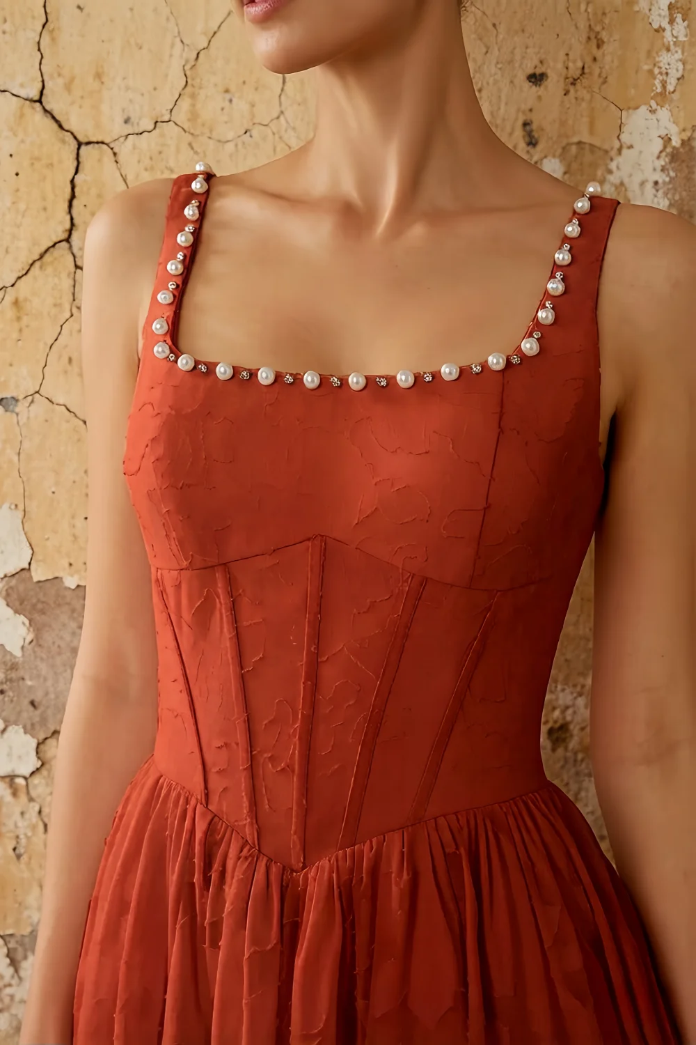 Kimberly Auburn Jacquard Pearl Square Neck Maxi Dress