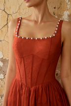 Kimberly Auburn Jacquard Pearl Square Neck Maxi Dress