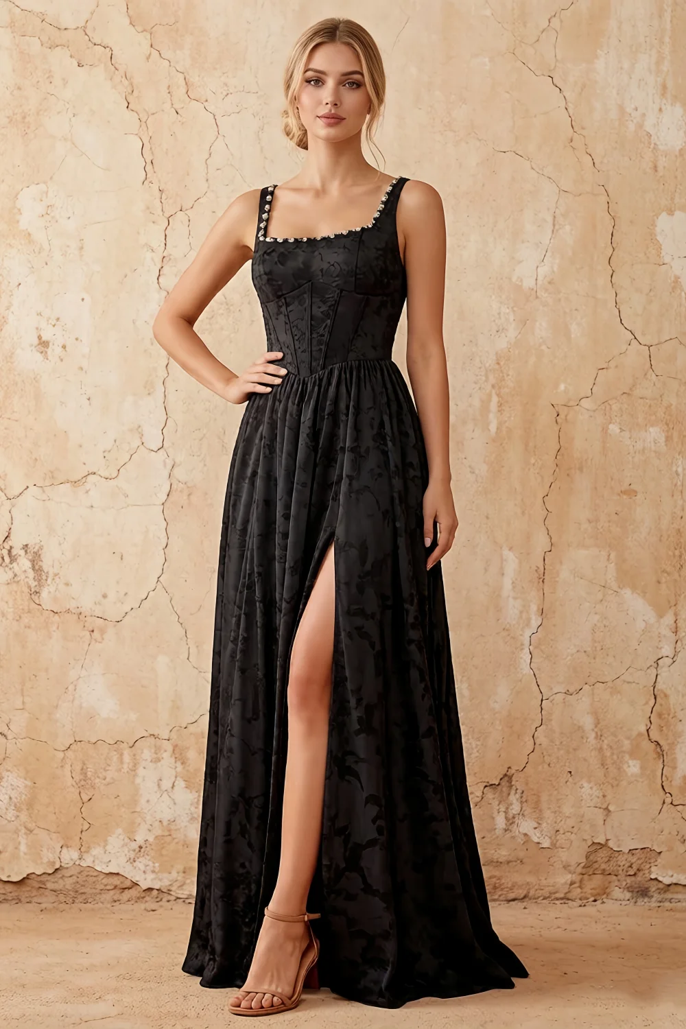 Kimberly Black Jacquard Pearl Square Neck Maxi Dress Main image