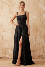 Kimberly Black Jacquard Pearl Square Neck Maxi Dress