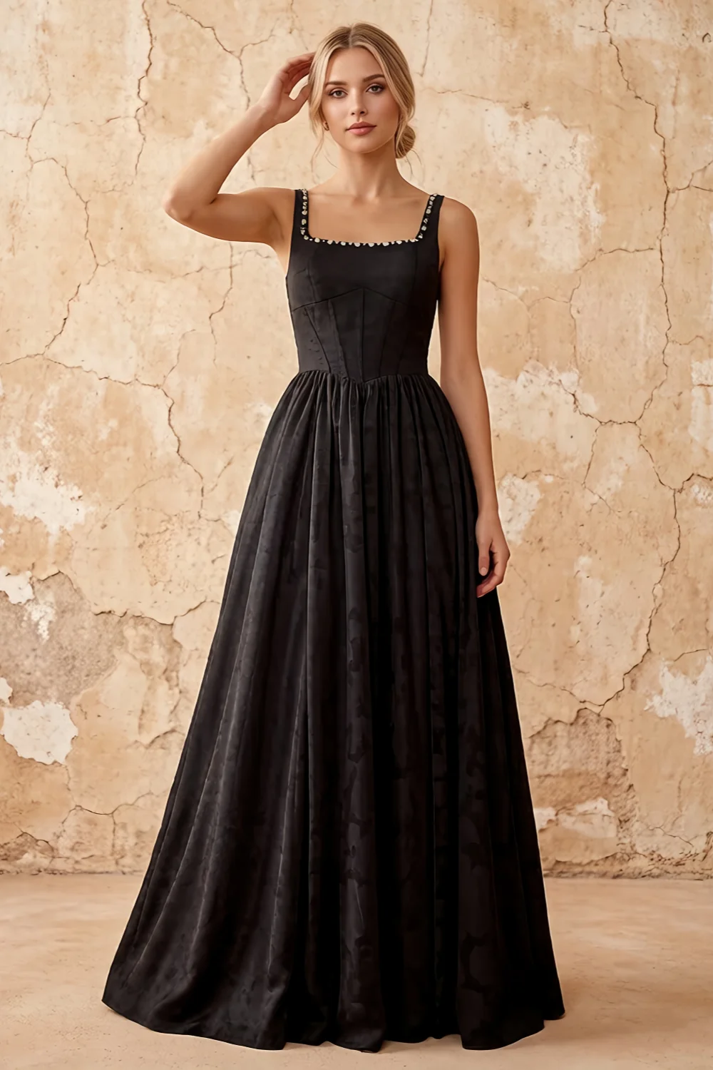 Kimberly Black Jacquard Pearl Square Neck Maxi Dress – Lvlvs