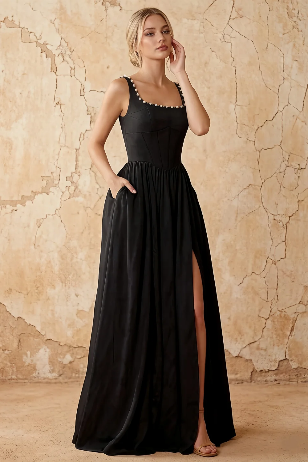 Kimberly Black Jacquard Pearl Square Neck Maxi Dress