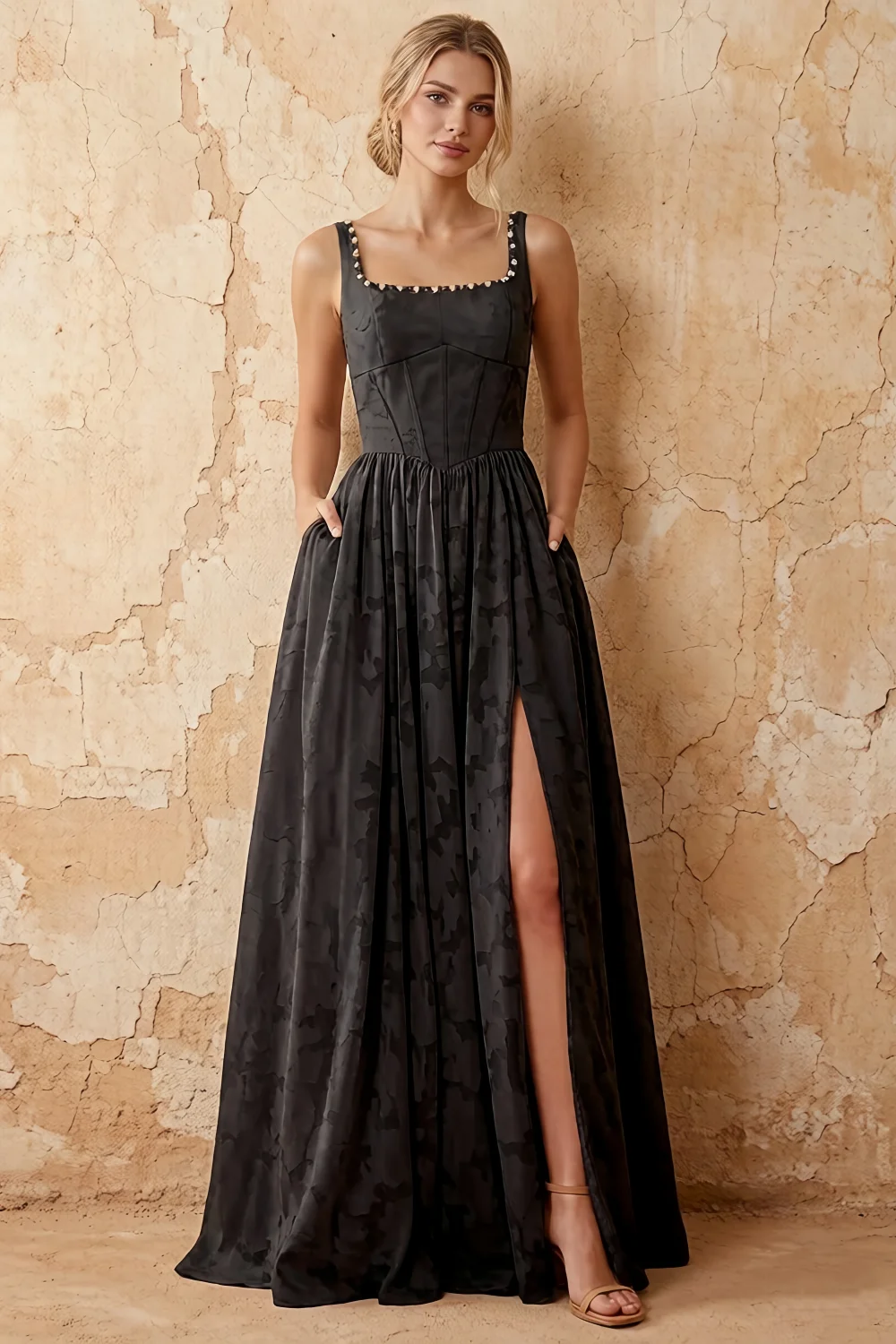 Kimberly Black Jacquard Pearl Square Neck Maxi Dress