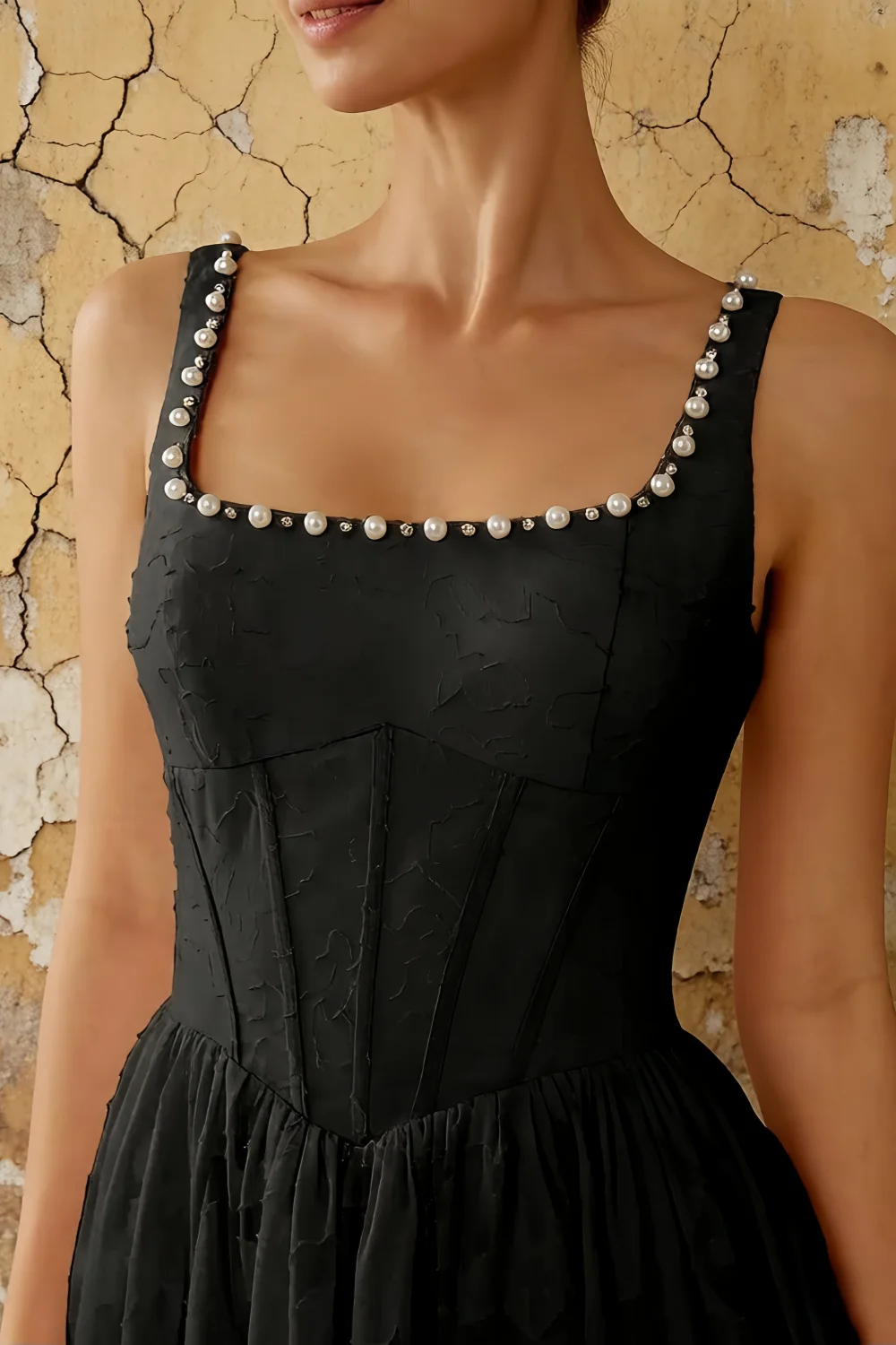 Kimberly Black Jacquard Pearl Square Neck Maxi Dress