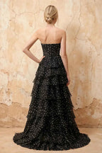 Kimberley Black Polka Dot Corset Bustier Tiered Maxi Dress