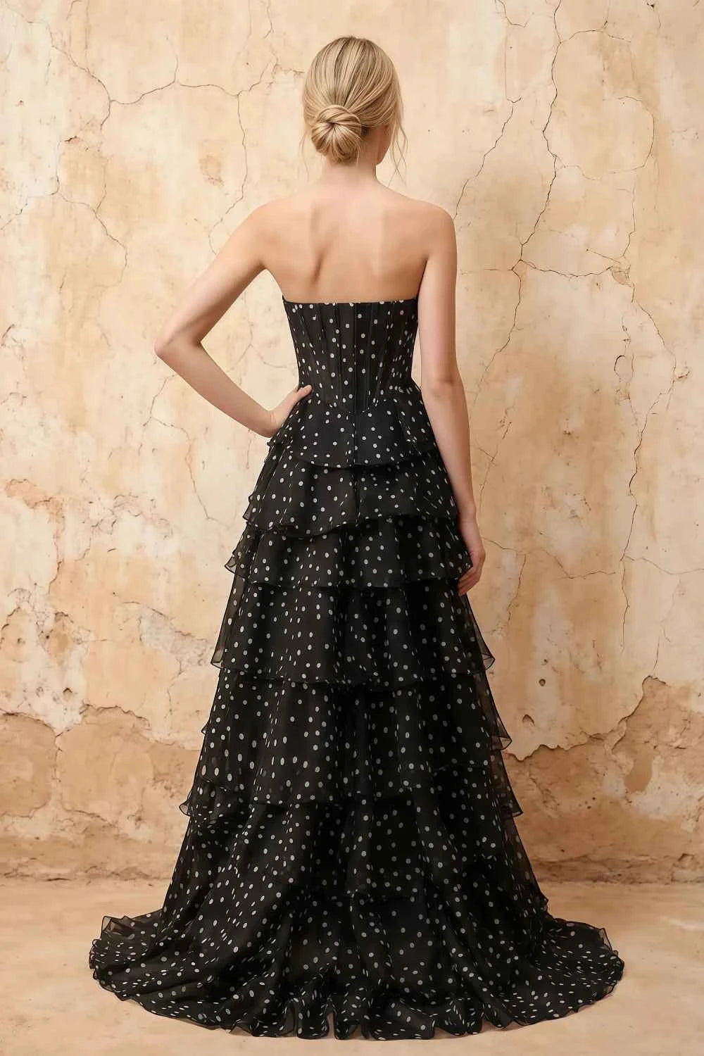 Kimberley Black Polka Dot Corset Bustier Tiered Maxi Dress