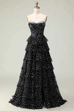 Kimberley Black Polka Dot Corset Bustier Tiered Maxi Dress