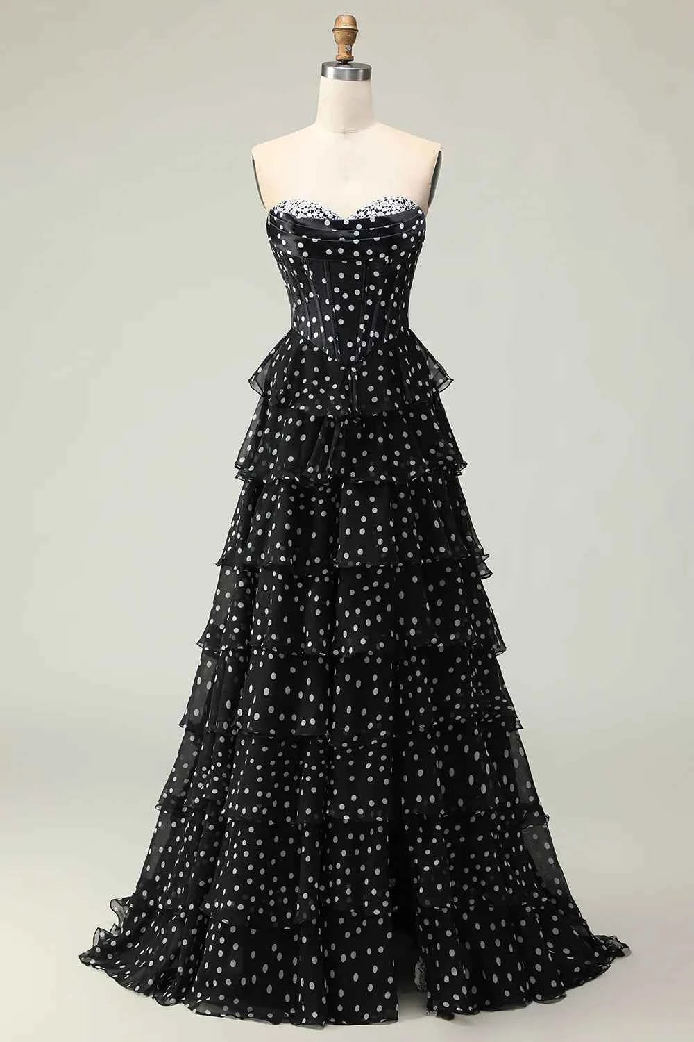 Kimberley Black Polka Dot Corset Bustier Tiered Maxi Dress