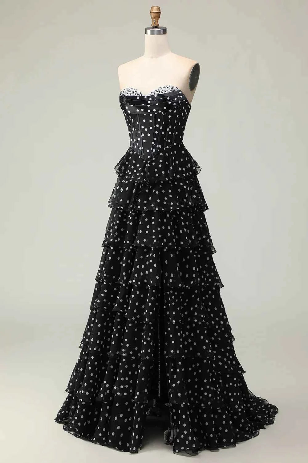 Kimberley Black Polka Dot Corset Bustier Tiered Maxi Dress